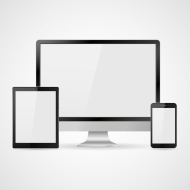 Boş beyaz ekranlı gerçekçi bilgisayar monitörü, dizüstü bilgisayar, tablet ve cep telefonu seti. Beyaz arka planda izole edilmiş çeşitli modern elektronik aygıt. Vektör çizimi