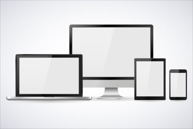 Boş beyaz ekranlı gerçekçi bilgisayar monitörü, dizüstü bilgisayar, tablet ve cep telefonu seti. Beyaz arka planda izole edilmiş çeşitli modern elektronik aygıt. Vektör çizimi