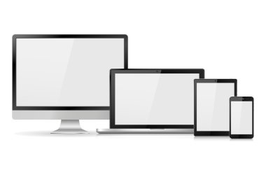 Boş beyaz ekranlı gerçekçi bilgisayar monitörü, dizüstü bilgisayar, tablet ve cep telefonu seti. Beyaz arka planda izole edilmiş çeşitli modern elektronik aygıt. Adaptif web tasarımı için vektör illüstrasyon