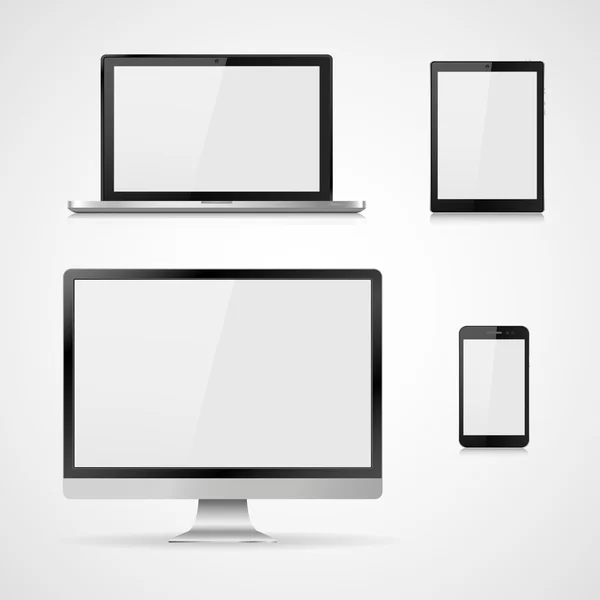 Boş beyaz ekranlı gerçekçi bilgisayar monitörü, dizüstü bilgisayar, tablet ve cep telefonu seti. Beyaz arka planda izole edilmiş çeşitli modern elektronik aygıt. Vektör çizimi — Stok Vektör
