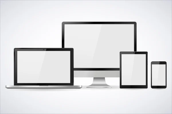 Conjunto de monitor de ordenador realista, portátil, tableta y teléfono móvil con pantalla blanca vacía. Varios aparatos electrónicos modernos aislados sobre fondo blanco. Ilustración vectorial — Vector de stock