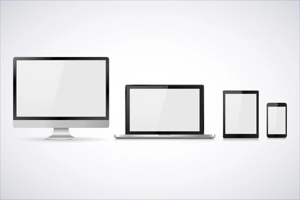 Conjunto de monitor de ordenador realista, portátil, tableta y teléfono móvil con pantalla blanca vacía. Varios aparatos electrónicos modernos aislados sobre fondo blanco. Ilustración vectorial — Vector de stock