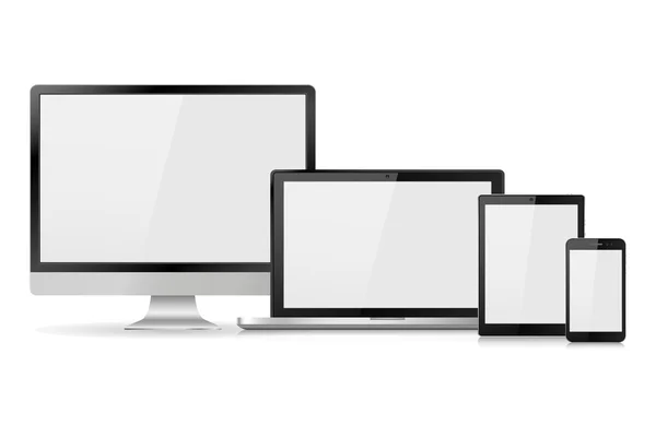Boş beyaz ekranlı gerçekçi bilgisayar monitörü, dizüstü bilgisayar, tablet ve cep telefonu seti. Beyaz arka planda izole edilmiş çeşitli modern elektronik aygıt. Adaptif web tasarımı için vektör illüstrasyon