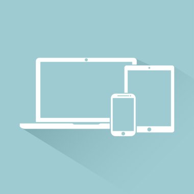 dizüstü bilgisayar, telefon, tablet elektronik cihaz simgeleri düz stil şablon ulalı bir arka plan üzerinde izole gölge , şık vektör illüstrasyon eps10