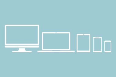 Ekran seti, dizüstü bilgisayar, tablet ve cep telefonları elektronik cihaz simgeleri, hafif arka plan şık vektör illüstrasyon Eps10 izole anahat
