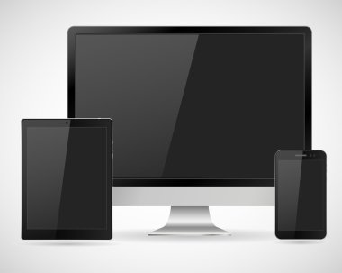 Gerçekçi bilgisayar monitörü, tablet ve cep telefonu seti. Beyaz arka planda izole edilmiş çeşitli modern elektronik aygıt. Web tasarımı için vektör illüstrasyon Eps10