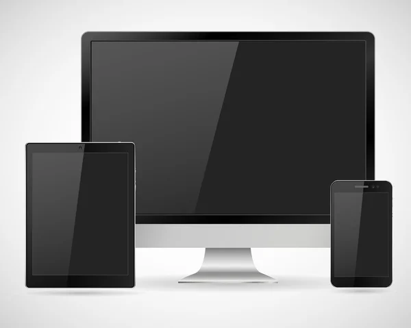 Conjunto de monitor de computador realista, tablet e telefone celular. Vários aparelhos eletrônicos modernos isolados em fundo branco. Ilustração vetorial EPS10 para web design — Vetor de Stock