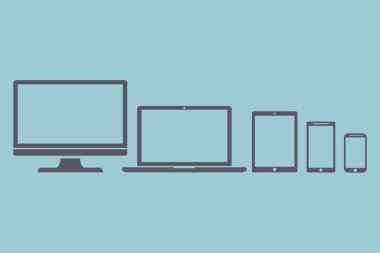 Ekran seti, dizüstü bilgisayar, tablet ve cep telefonları elektronik cihaz simgeleri, hafif arka plan şık vektör illüstrasyon Eps10 izole anahat