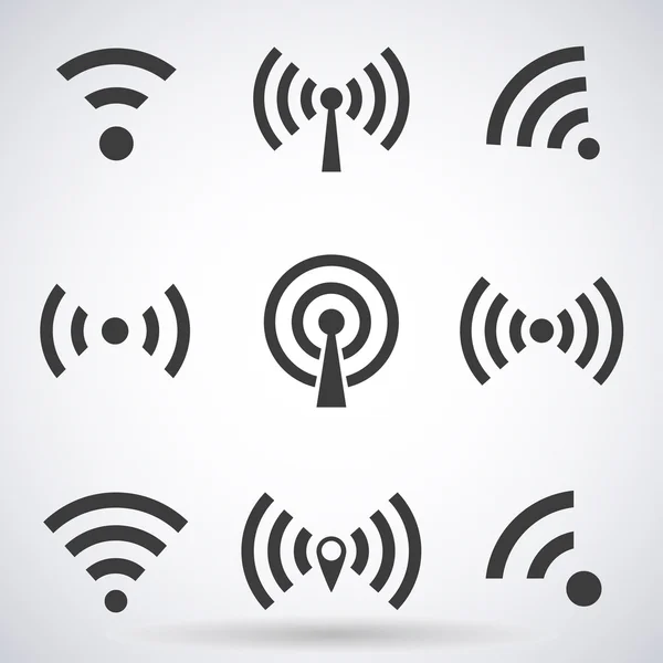 Beyaz arka planda izole edilmiş Wi-Fi simgeleri ve kablosuz bağlantı yayınları seti, web tasarımı için vektör çizimi