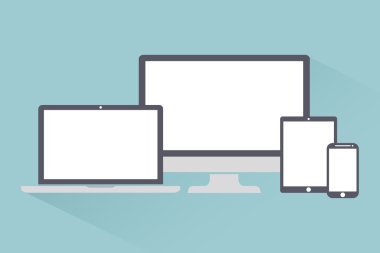 Ekran seti, dizüstü bilgisayar, tablet ve cep telefonları elektronik cihaz simgeleri, hafif arka plan şık vektör illüstrasyon Eps10 izole anahat