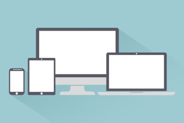 Ekran seti, dizüstü bilgisayar, tablet ve cep telefonları elektronik cihaz, gadget'lar hafif arka plan şık vektör illüstrasyon Eps10 izole