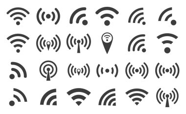 WI-FI simge siluetlerini ve kablosuz bağlantı yayınlarını beyaz bir arkaplanda izole etti, web tasarımı EPS10 için vektör illüstrasyonu