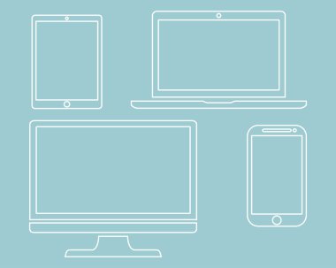 Ekran seti, dizüstü bilgisayar, tablet ve cep telefonları elektronik cihaz anahat simgeleri şablon yeşil arka plan, vektör illüstrasyon izole