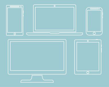Ekran seti, dizüstü bilgisayar, tablet ve cep telefonları elektronik cihaz anahat simgeleri şablonu yeşil bir arka plan üzerinde yalıtılmış. Vektör çizimi
