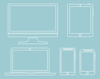 Ekran seti, dizüstü bilgisayar, tablet ve cep telefonları elektronik cihaz anahat simgeleri şablonu yeşil bir arka plan üzerinde yalıtılmış. Vektör çizimi