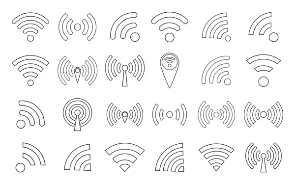 WI-FI simgeleri siluet ana hatlarını ve kablosuz bağlantı yayınlarını beyaz bir arkaplanda izole etti, web tasarımı için vektör illüstrasyonu EPS10
