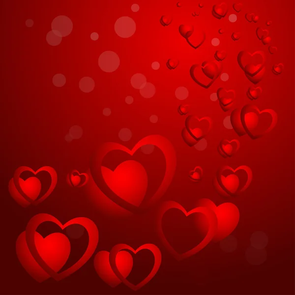 Hjärtan på en röd bakgrund med fläckar av ljus eller gurglande i form av Plume, kort eller banner för din inskription, snygg vektor illustration Eps10 — Stock vektor