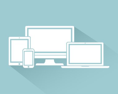 Yeşil arka planda izole edilmiş ekran Pc, dizüstü bilgisayar, tablet ve cep telefonları elektronik cihaz simgeleri seti, şık vektör illüstrasyon