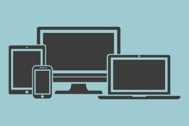 Ekran seti, dizüstü bilgisayar, tablet ve cep telefonları elektronik cihaz simgeleri, hafif arka plan şık vektör illüstrasyon Eps10 izole anahat