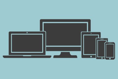 Modern masaüstü monitör bilgisayar ekran şablonu bilgisayar, ekran dizüstü bilgisayar, tablet ve cep telefonları elektronik cihaz simgeleri, hafif arka plan şık vektör illüstrasyon Eps10 izole seti