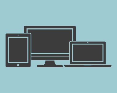 Modern masaüstü monitör bilgisayar ekran şablonu bilgisayar, ekran dizüstü bilgisayar, tablet ve elektronik cihaz simgeleri, hafif arka plan şık vektör illüstrasyon Eps10 izole seti