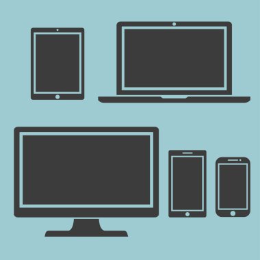 Modern masaüstü monitör bilgisayar ekran şablonu bilgisayar, ekran dizüstü bilgisayar, tablet ve cep telefonları elektronik cihaz simgeleri, hafif arka plan şık vektör illüstrasyon Eps10 izole seti