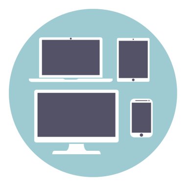 Bilgisayar monitörleri, dizüstü bilgisayarlar, tabletler ve cep telefonları kümesi. Elektronik becerikli alet, izole arka plan, illüstrasyon vektör