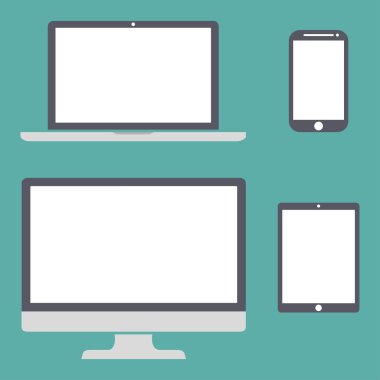 Uyarlamalı web tasarımı Eps10 için yeşil renkli şık vektör çizim üzerinde izole ekran, dizüstü bilgisayar, tablet ve cep telefonlarına elektronik cihaz simgeler kümesi