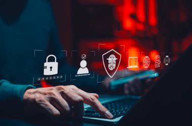 Siber güvenlik ve kimlik koruma kavramı. Şifre, parmak izi, kilit, biyometrik kimlik doğrulaması, güvenli giriş, gizlilik, veri kontrolü simgeleyen dijital sisteme erişen kullanıcı