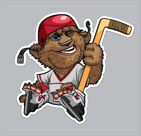 Cartoon Beer hockeyspeler met een stok in een red hat en schaatsen — Stockvector