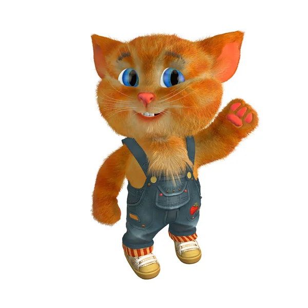 3d rendered illustration of cat funny cartoon character. Cheerful ginger kitten in denim shorts and sneakers — Stock Photo, Image