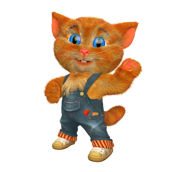 3D gerenderde illustratie van kat grappige cartoon karakter. Vrolijk gember kitten in denim shorts en sneakers — Stockfoto