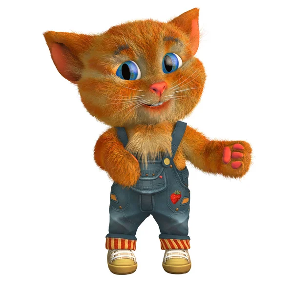 3d rendu illustration de chat personnage de dessin animé drôle. Chaton gingembre joyeux en short denim et baskets — Photo