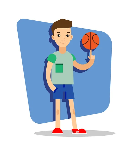 Jugador de baloncesto plano - ilustración vectorial. Niño del baloncesto. Deportistas jugando baloncesto. Jugador de baloncesto con pelota en la mano . — Archivo Imágenes Vectoriales