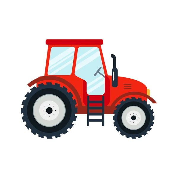 Плоский трактор на белом фоне. Значок красного трактора - векторная иллюстрация. Сельскохозяйственный трактор - транспорт для фермы в плоском стиле. Значок фермерского трактора. Векторная иллюстрация трактора . — стоковый вектор