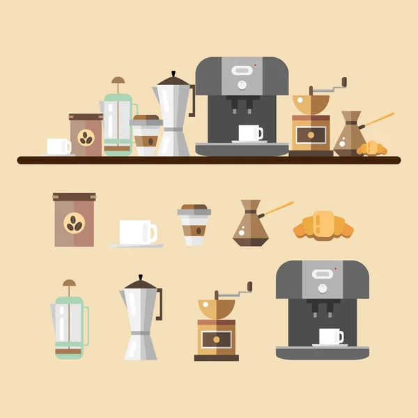 Set di dispositivi per il caffè in stile piatto. Icone del caffè - illustrazione vettoriale. Set per caffetteria. Dispositivo per fare il caffè . — Vettoriale Stock