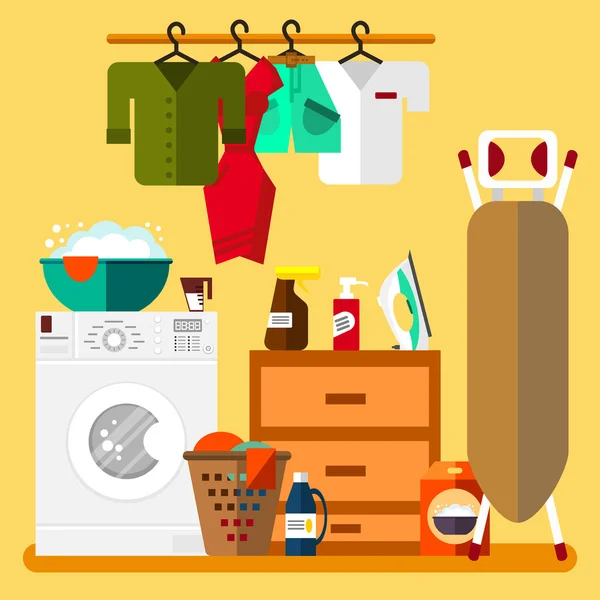 Πλυντήριο σε επίπεδη στυλ. Πλύνετε, flasket, σιδερώστρα, σίδερο, σκόνη πλυσίματος, ρούχα - εικονογράφηση φορέας. Πλυντήριο καθαρά αντικείμενα. Υπηρεσία καθαρισμού. Εικονογράφηση φορέας καθαρά ρούχα. — Διανυσματικό Αρχείο