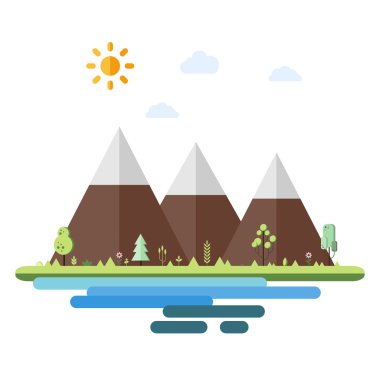 Deniz manzara: deniz feneri ve kayalar, şehir dolgu, beach resort. Düz vektör çizimler