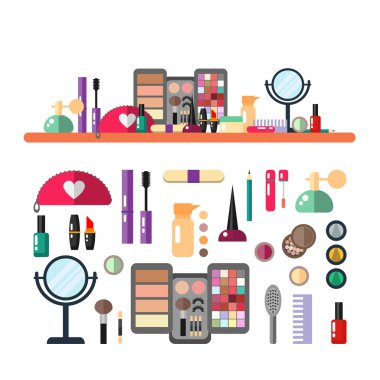 Vektör düz çizim kozmetik kadar olun. Tasarım kozmetik ayarla, simgeleri yapmak.
