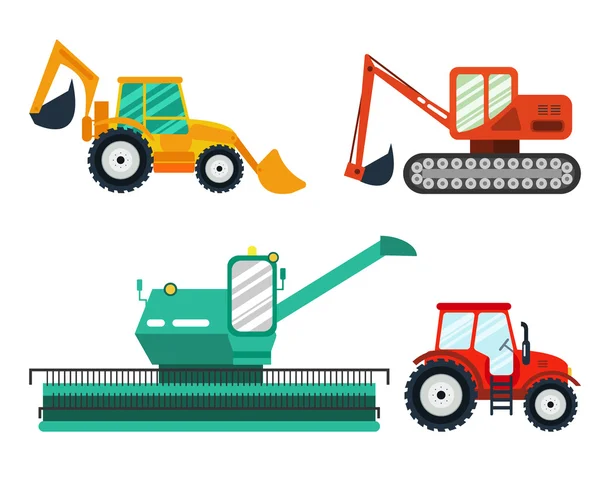 Excavators, tractor, combine on white background. Agricultural vehicle, farm machine. — Stock Vector