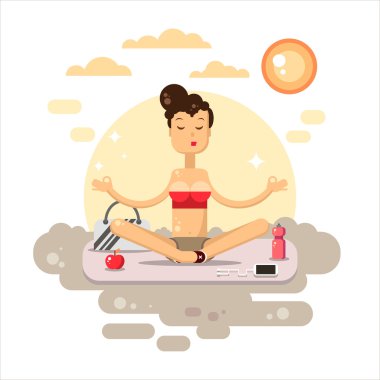 Yoga düz vektör. Minderin üzerine oturan bir bayan. Spor ve rahatlama. Yoga vektör çizim. Yoga poz - hisse senedi vektör.