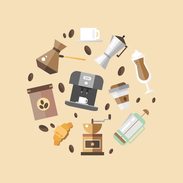 Set di dispositivi per caffetteria in stile piatto. Icone del caffè - illustrazione vettoriale. Dispositivi per la preparazione del caffè . — Vettoriale Stock