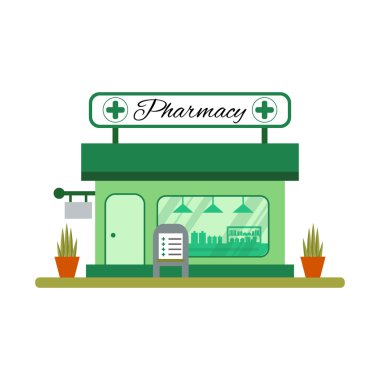 Eczane ev simgesini düz stil. Eczane Nisantasi'nda - vektör çizim.