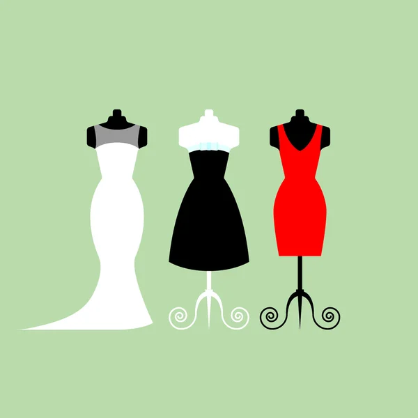 Colección de vestidos blancos, negros y rojos - ilustración del vector de stock. Tienda de ropa, estilo plano . — Archivo Imágenes Vectoriales