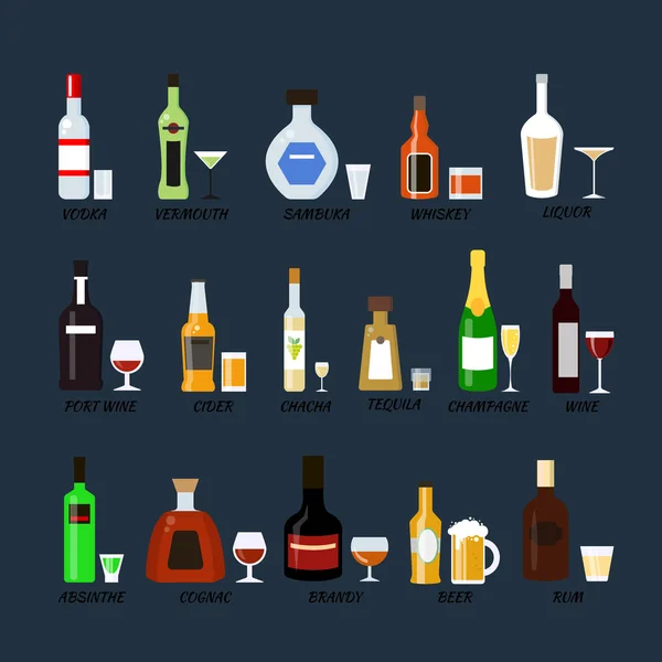 Collection of bottles of alcohol in a flat style. Icons vector illustration. — Stock Vector