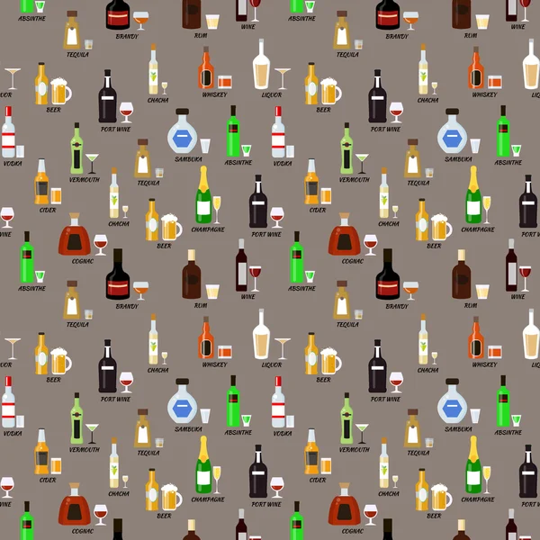 Collection of bottles of alcohol in a flat style. Icons vector illustration. Seamless pattern. — Stock Vector