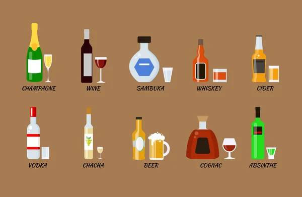 Set of alcohol bottles collection in flat style. Icon vector illustration. — Stock Vector