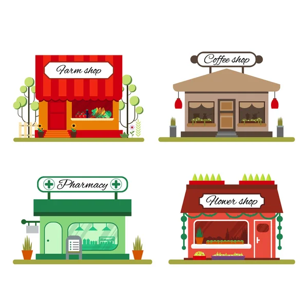 Conjunto de diferentes tiendas de estilo plano: producto de la granja, café y floristería - vector ilustración de stock. Elementos infográficos. Icono del mercado con vitrinas aisladas sobre fondo blanco . — Archivo Imágenes Vectoriales