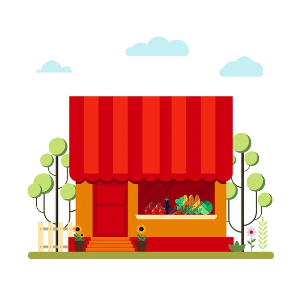 Tienda de productos agrícolas en estilo plano - vector ilustración stock. Icono del mercado con vitrinas aisladas sobre fondo blanco . — Vector de stock