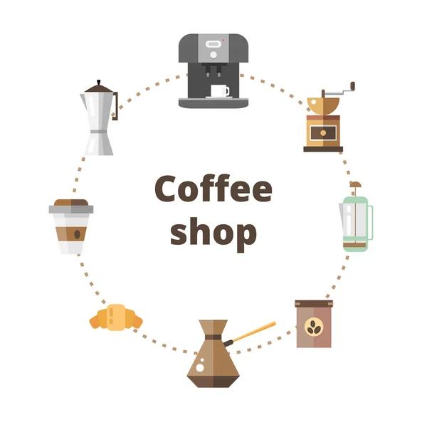 Serie di icone dispositivi di caffè in stile piatto - illustrazione vettoriale. Set per caffetteria . — Vettoriale Stock